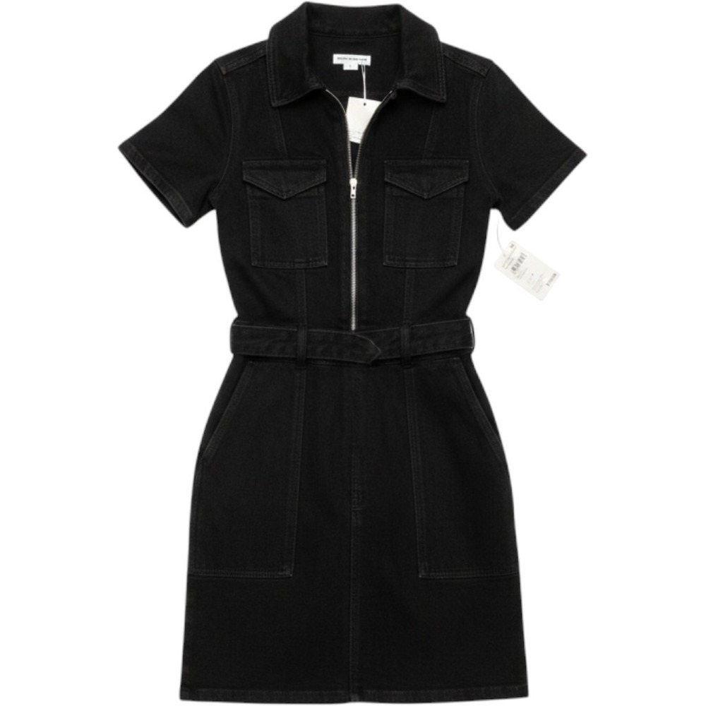 Good American Denim Zip Front Utility Mini Dress Black Short Sleeve Size S NWT